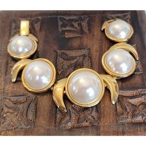 Vintage Napier Gold Crescent Moon and Pearl Bracelet